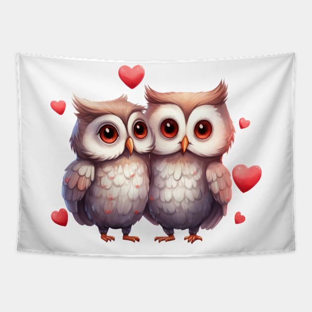 Valentine Owl Couple Tapestry by Chromatic Fusion Studio