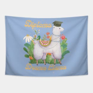 College Graduation Funny Quote Diploma Drama Llama, Cute Gold Green Waterolor Alpaca in Floral Grassy Bush Tapestry