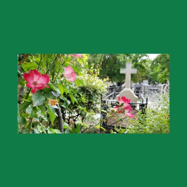 Paris Montmartre Cemetery Cross with Pink Flowers by BlackBeret