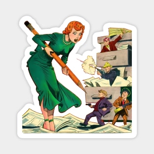 Beautiful Giant Redheaded Woman Brenda Starr Pencil Guns Mobsters Papers Green Dress Retro Comic Vintage Cartoon Book Magnet