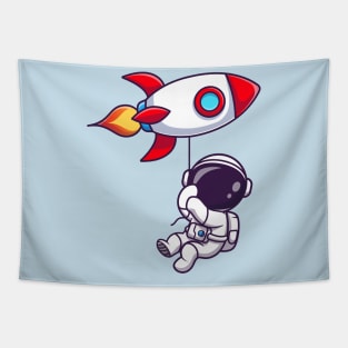 Cute Astronaut Floating With Rocket Balloon Tapestry