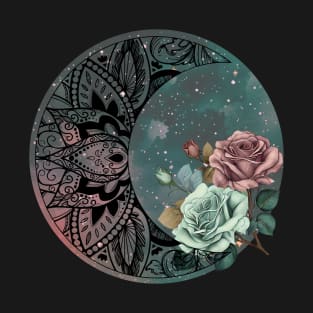 Mandala Moon Design Flower Green and Pink Flowers T-Shirt