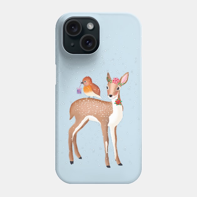 Deer and bird and snowflakes and Christmas gift Phone Case by CalliLetters