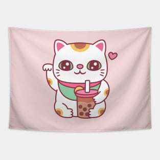 Cute Japanese Maneki Neko Cat With Bubble Tea Tapestry