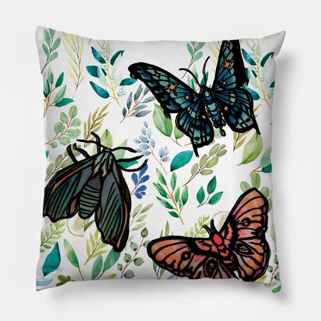 Two Butterflies and A Moth Pillow by Art by Ergate