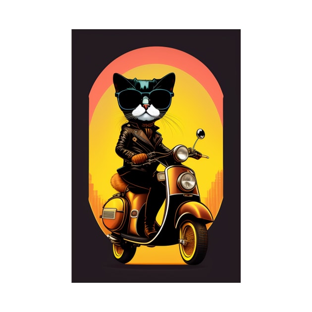 Cute Cat with boots sitting on a vespa moped with sunglasses vector by Fun and Cool Tees