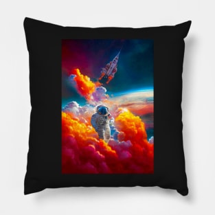 Astronaut flying through clouds and shuttle in the background Pillow