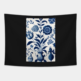 Floral Garden Botanical Print with Delft Blue and White Tapestry