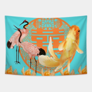 Goldfish & Cranes- Hong Kong Pop Art Bright Orange and Turquoise Tapestry