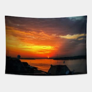 Scenic sunset on Danube river in Belgrade city Tapestry