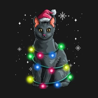 Santa Black Cat Meowy Christmas Wrapped Up Xmas Tree Lights T-Shirt