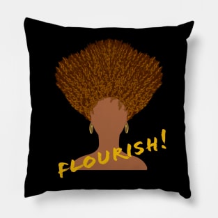 Flourish! Natural Hair Upward Curly Afro with Gold Earrings and Gold Lettering (Black Background) Pillow