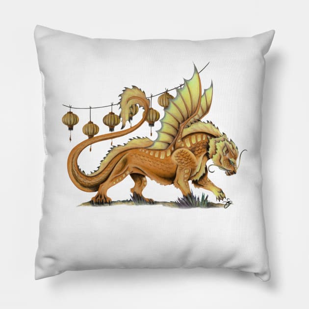 Fierce Yellow Oriental Lion Dragon Pillow by Sandra Staple