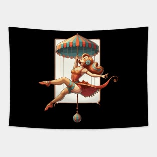 Circus girl give show on flying trapeze Tapestry