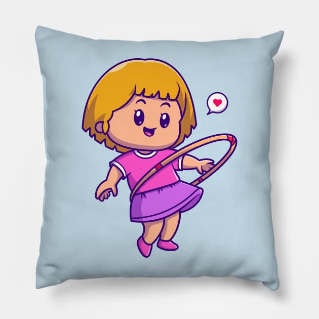 Cute Girl Playing Hula Hoop Cartoon Pillow by Catalyst Labs