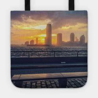 Sunset Skyline Street Lamp Bench Battery Park New York City Tote