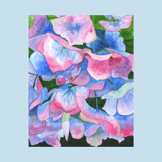 Pink and blue hydrangea watercolour painting by esvb