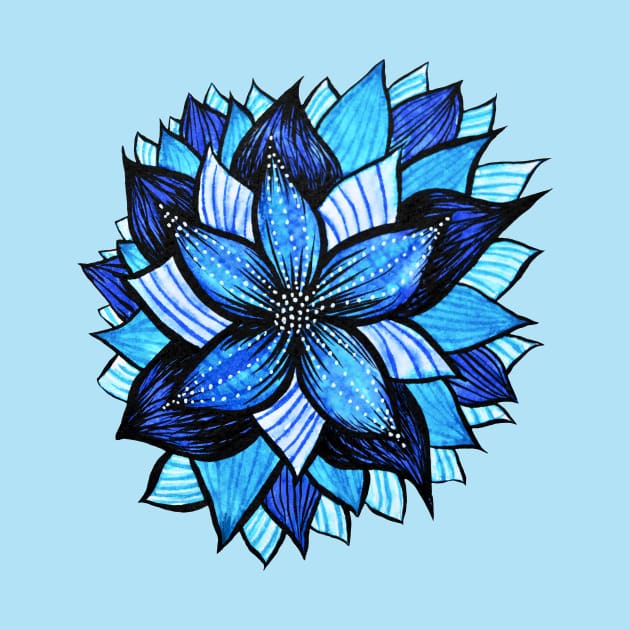 Beautiful Abstract Blue Flower Ink Drawing by Boriana Giormova