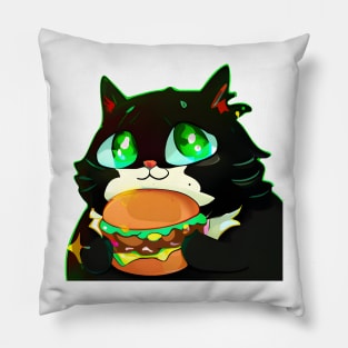 Black Fat cat with eating burger Pillow