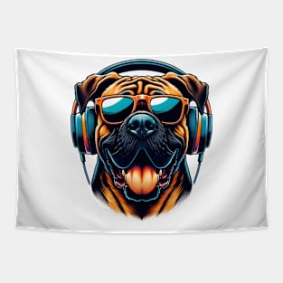 Grinning Boerboel as Smiling DJ with Headphones Tapestry