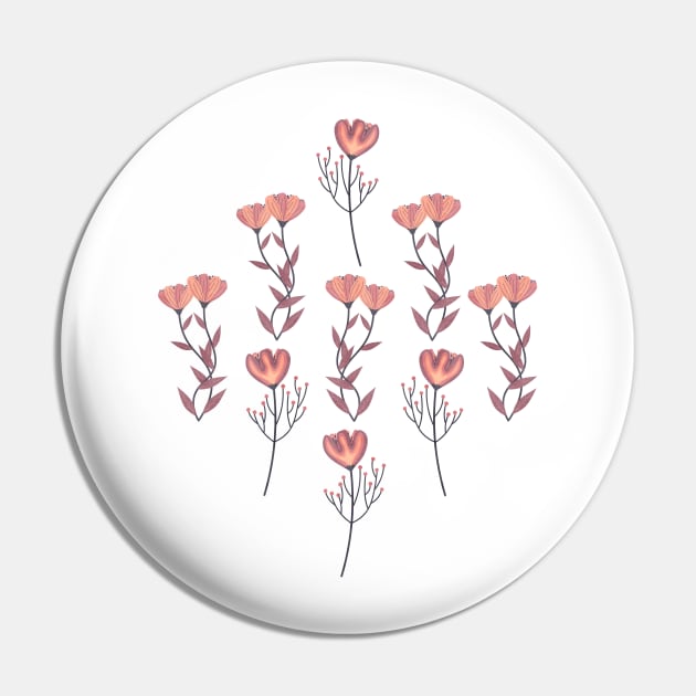 Coral & Salmon Retro Flowers Pin by cesartorresart