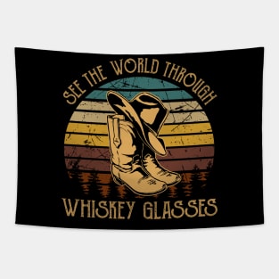 See The World Through Whiskey Glasses Boots Cowboys Hats Vintage Tapestry