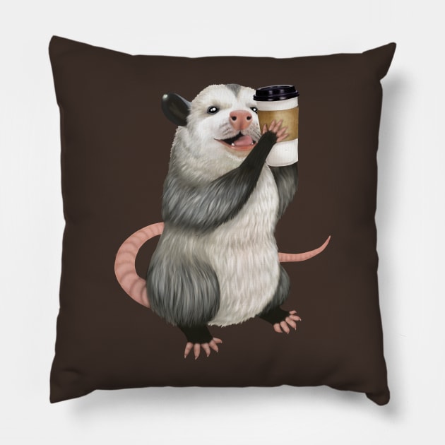 Opossum drinking a cup of coffee Pillow by Mehu Art