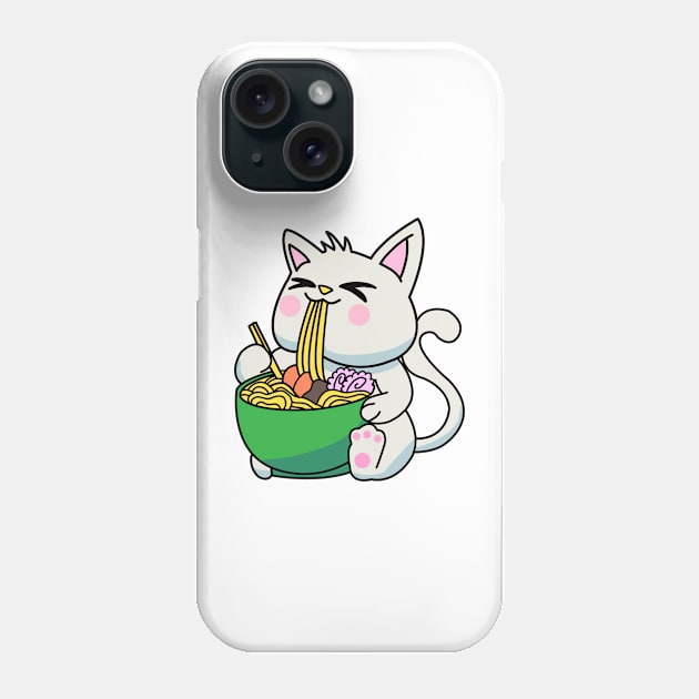 Anime Kawaii Ramen Eating White cat Japanese Noodles Phone Case by Mesyo