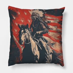 Native Indian Chief Warrior Horse - American Flag Pillow