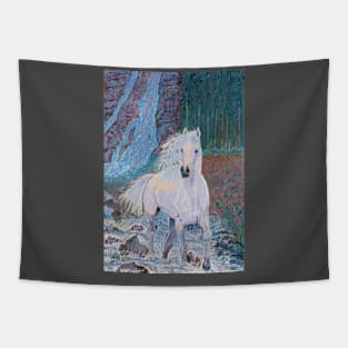 A white horse in front of a waterfall Tapestry