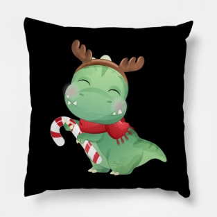 Cute Christmas T Rex Dinosaur Holding Candy Cane Pillow