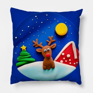 Cute Reindeer and Christmas Tree Snowy Winter Night Pillow