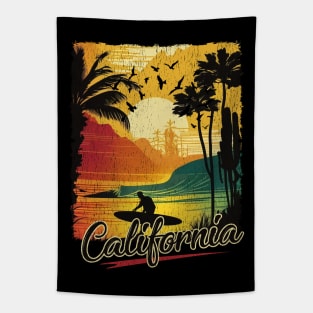 California Retro Vintage Poster Style Sunset Surfer Tapestry