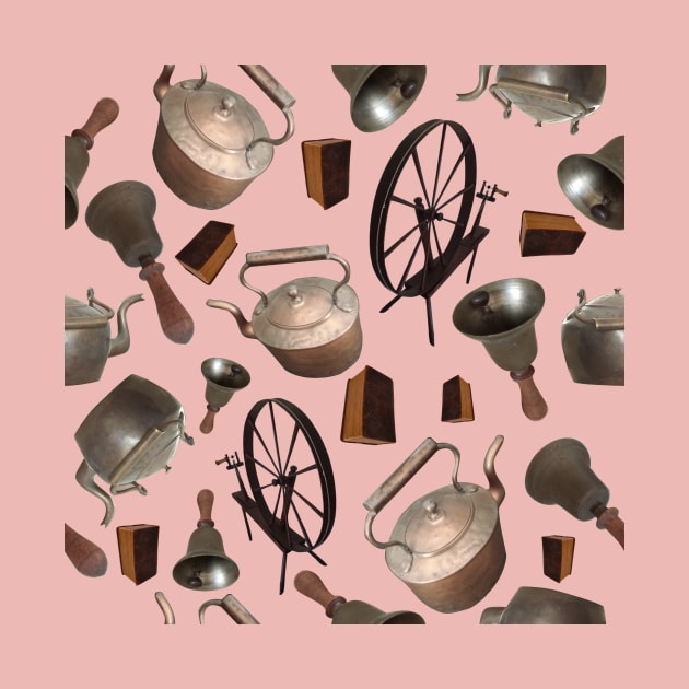 Bells, Books, Spinning Wheels and Kettles on Pink by ArtticArlo