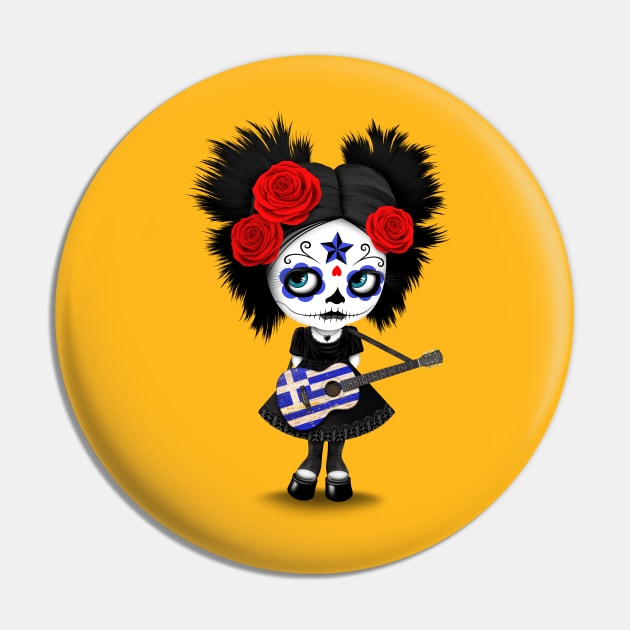 Sugar Skull Girl Playing Greek Flag Guitar Pin by jeffbartels