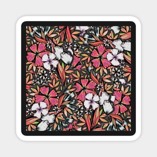 Flower Flurry, - Pink, Orange, Black and White - Digitally Illustrated Flower Pattern for Home Decor, Clothing Fabric, Curtains, Bedding, Pillows, Upholstery, Phone Cases and Stationary Magnet