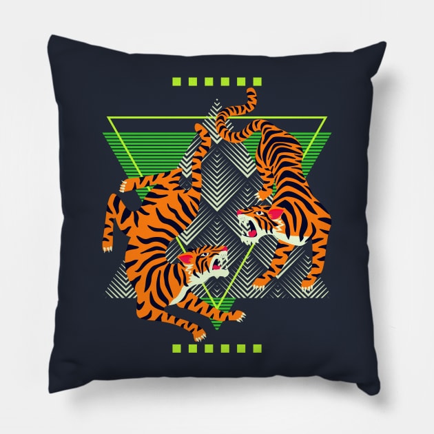 Double Tiger Retro Background Pillow by machmigo