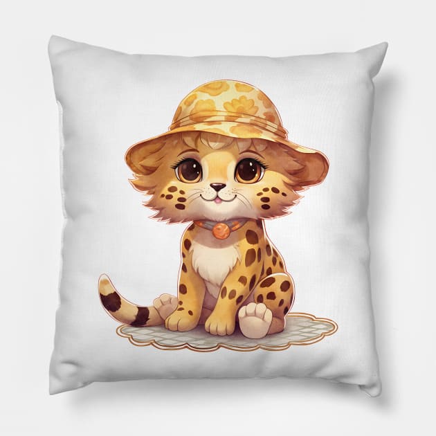 Cheetah in Straw Hat Pillow by Chromatic Fusion Studio