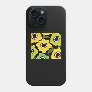 The fresh Sunny flowerpower pattern in 1970-style, green, black, yellow on dark background Phone Case