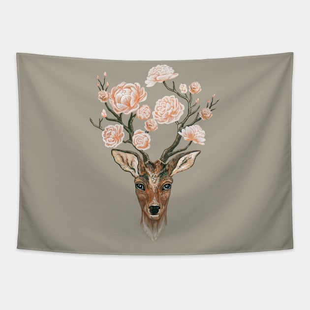 Deer and peonies Tapestry by ruta13art