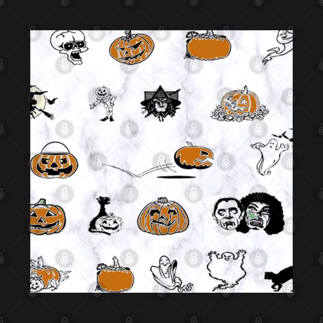 Halloween Pattern on White Background: Ghosts, Witches Hats, Bats, Witch Broom Cute Fall Design Autumn by tamdevo1