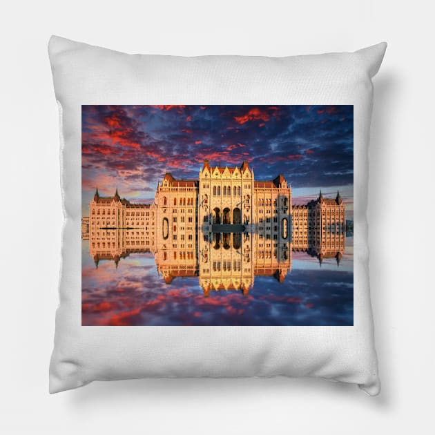 sunrise reflections Hungarian Parliament Building Pillow by dags