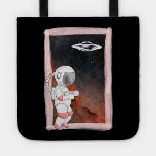 Floating astronaut Ufo alien abduction funny cute spaceship moon mars cosmic space Tote