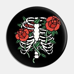 Skeleton Ribs And Roses Pin