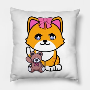 Funny Orange cat is holding a teddy bear Pillow