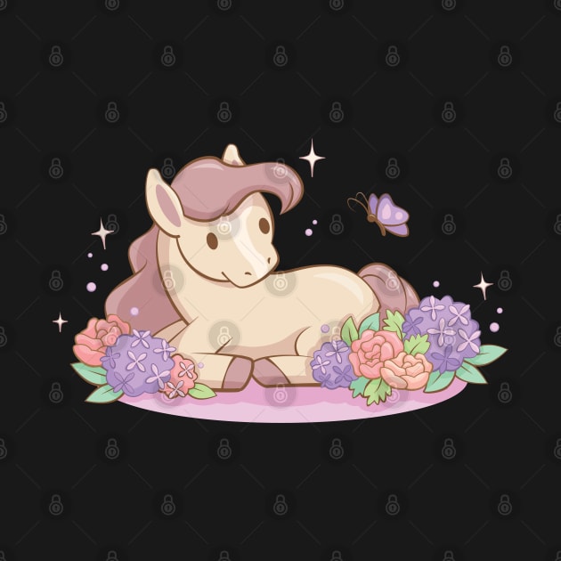 Cute Pony and Butterfly for Horse Lovers Kawaii Aesthetic by Irene Koh Studio