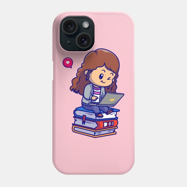 Cute Girl Playing Laptop On Book Cartoon Phone Case by Catalyst Labs