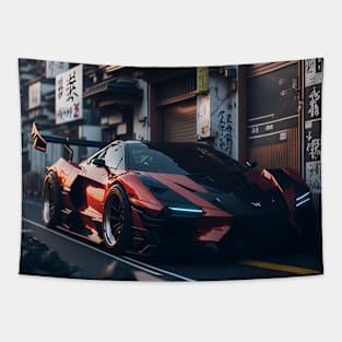 Dark Sports Car in Japanese City Tapestry