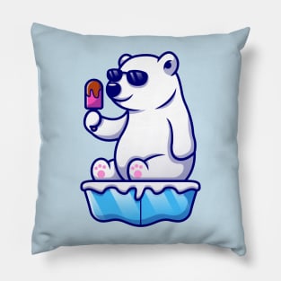 Cute Cool Polar Bear Eating Popsicle On Ice Cartoon Pillow