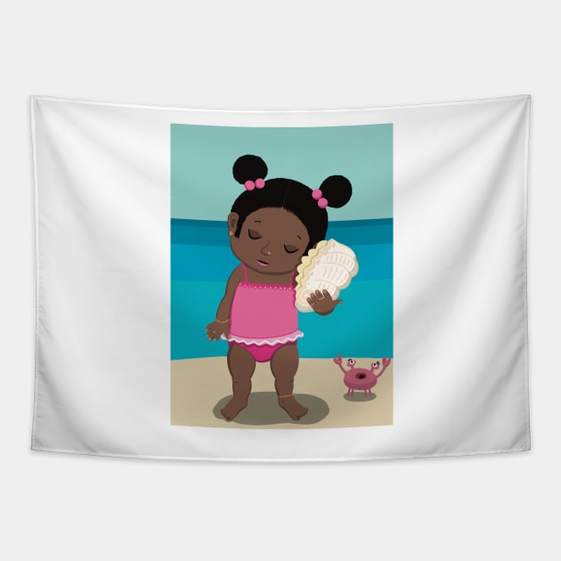 Vacation mood on - cute little dark girl having a quiet moment on the beach listening to the sound of a seashell, lighter ,no text Tapestry by marina63